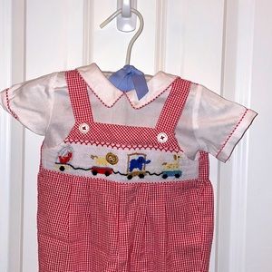 Smocked Overall Set Circus Animal Train 6M